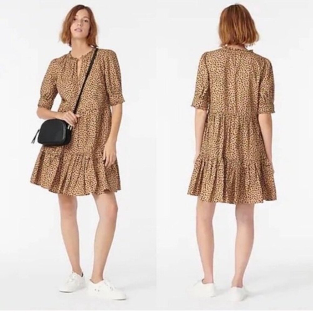 J. Crew Ruffleneck Tiered Popover‎ Dress in Leopard XS